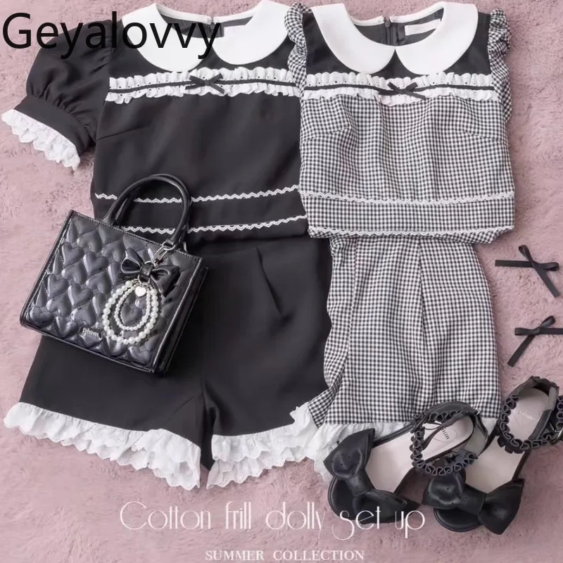 Estate giapponese nuova bambola colletto top pizzo ricamato dimagrante bolla abito a maniche corte + gonna corta inferiore set a due pezzi