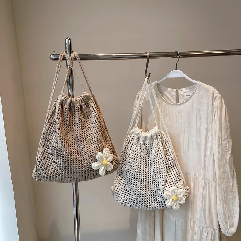 بلون الحياكة حقيبة كتف سعة كبيرة البوهيمي الكروشيه على ظهره الجوف خارج تنوعا الشاطئ حقيبة تسوق سفر للنساء