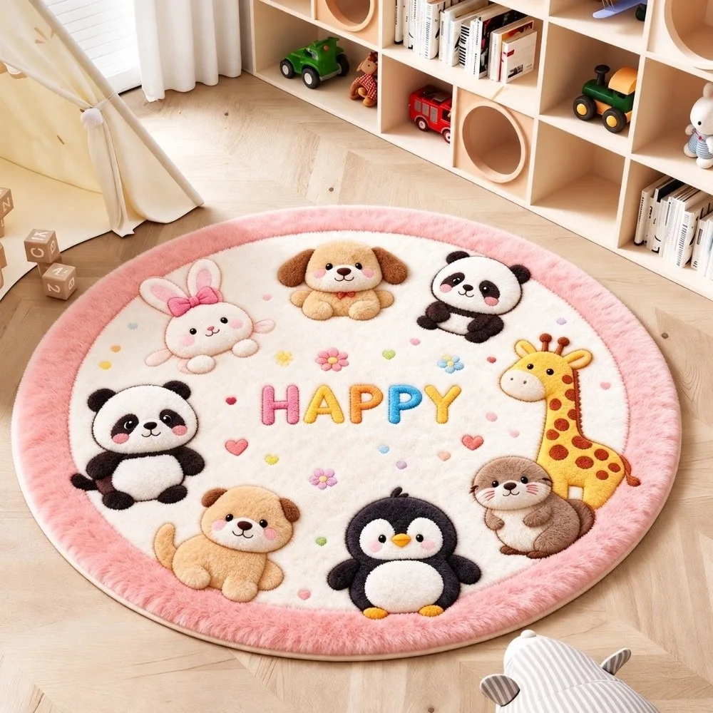 Unique Imitation Cashmere Animal Round Carpets Non-Slip Soft Floor Mats Cute Washable Area Rug Home Decor