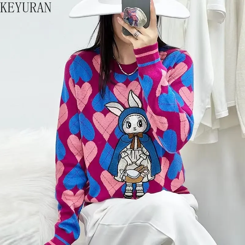 2024 New Love Rabbit Jacquard Pullover Sweater Women Spring Autumn Vintage O-Neck Long Sleeve Knitted Sweaters Jumper Pull Femme