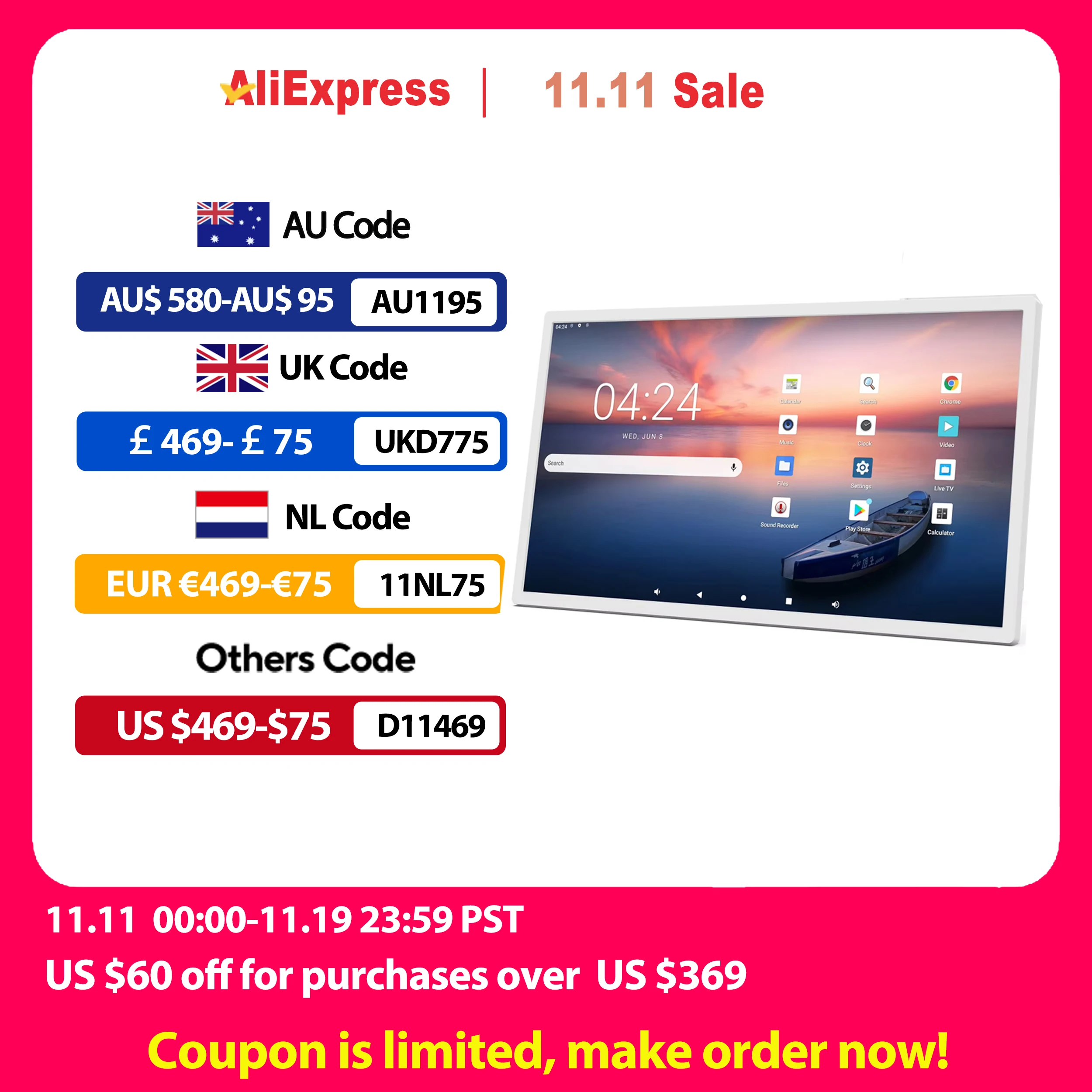 

24 Inch Android 14 Wall-Mount Tablet 8G+128G Multi-media Player HDMI IN Touch Screen White Color Large Memory Slim Display HDMI