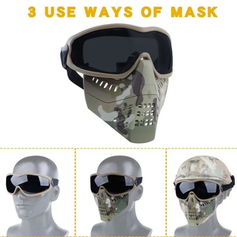 戦術的なフルフェイスマスク,狩猟,サイクリング,射撃,取り外し可能なゴーグル,防曇,cs,ウォーゲーム,ペイントボール,スポーツ保護アクセサリー