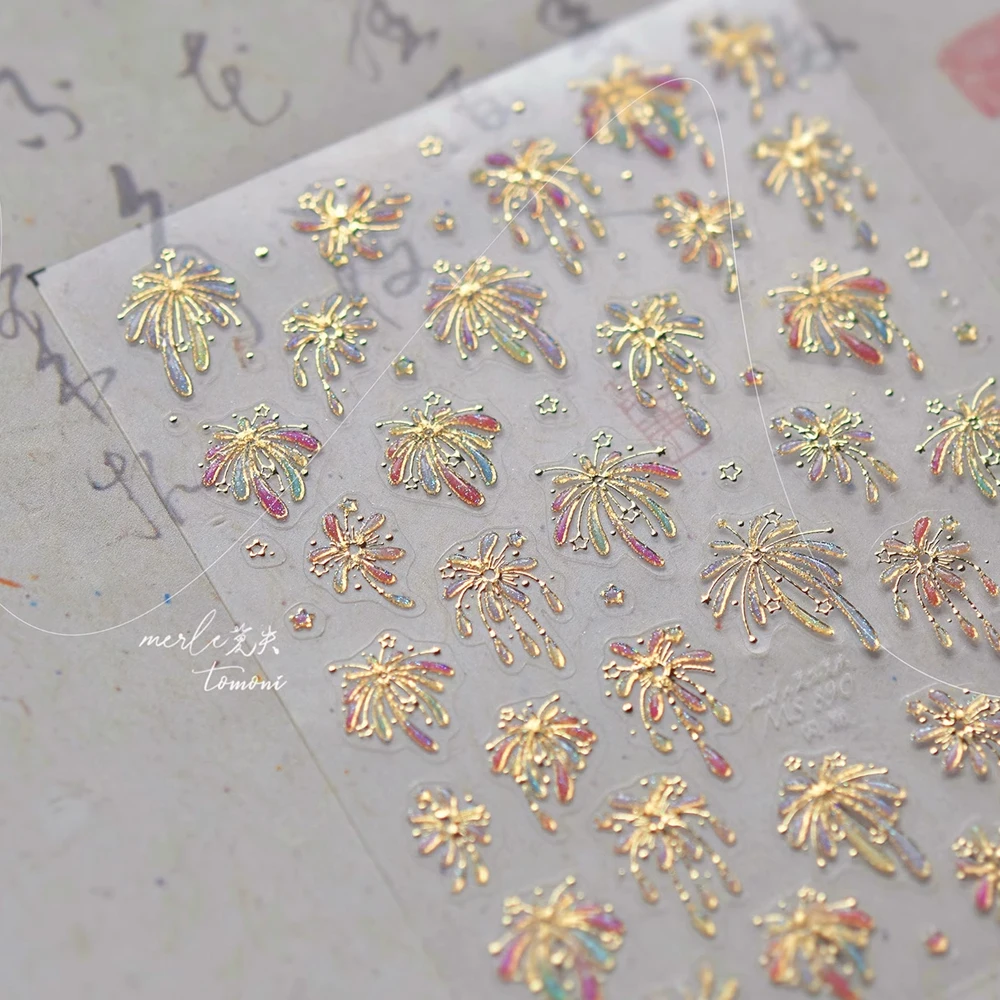 1 Stück 5D Bunte Gelee Glitter Feuerwerk Nagelaufkleber 2025 Neue geprägte Farbverlauf Heißprägung Blüten Y2K Feuerwerk Nagelaufkleber