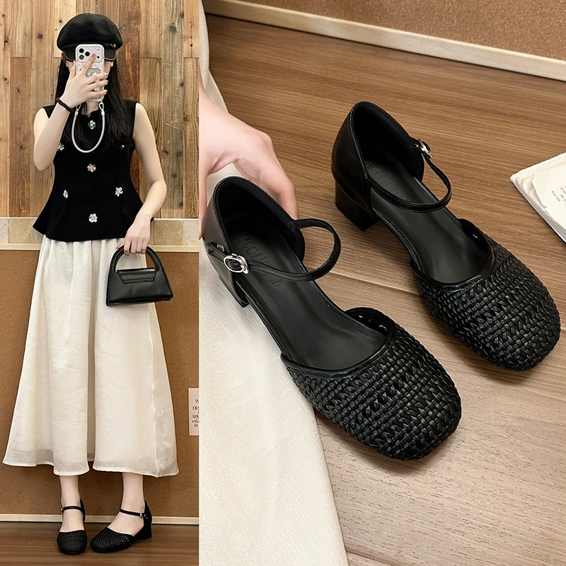 

2026 Summer Knitted Hollow Breathable Open-Toe Sandals Fashionable French Style Block Heel Square Toe Mary Jane Shoes