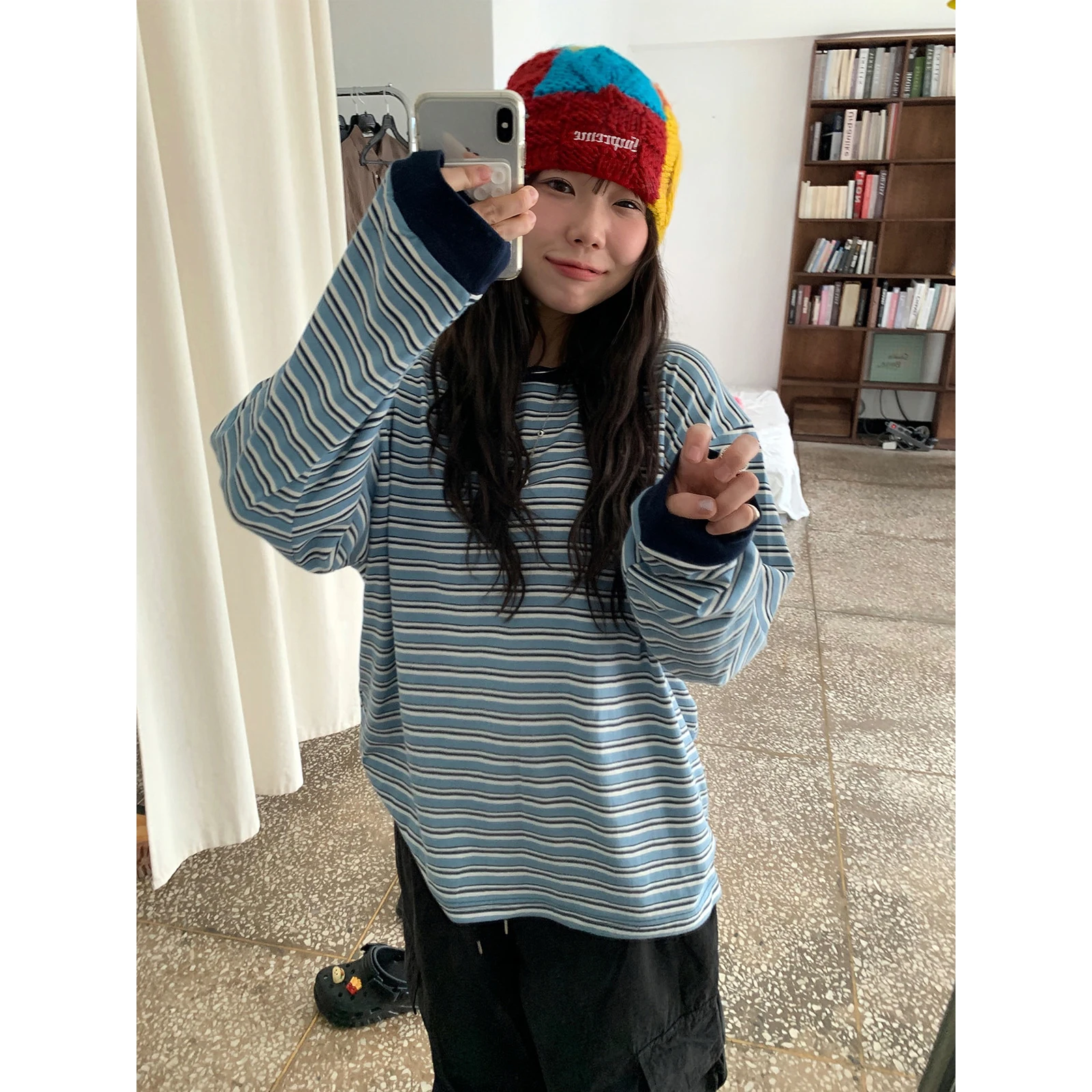 Sakura Long Sleeve T-Shirt Hoodie Women Casual Loose Fit Striped Sea Salt Blue Comfortable Versatile Leisure Top for Girls