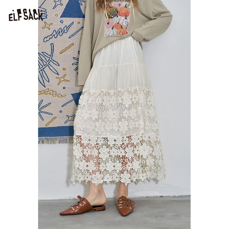 

ELFSACK 2025 Summer New Arrivals White multi-layer A-line cake skirt
