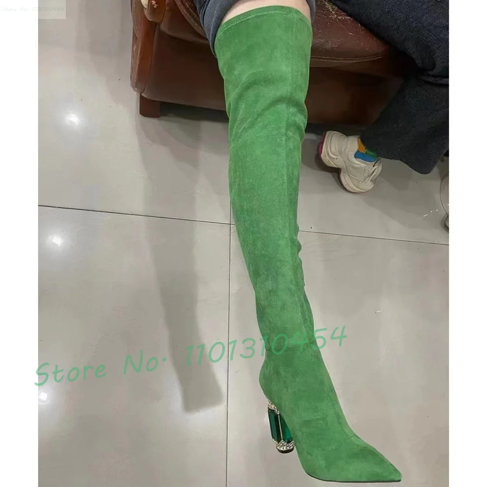 Gems High Heels Stretch Boots Women New In Novelty Pointy Green Ankle Boots Fashion Female Crystal Heel Retro Suede Long Shoes