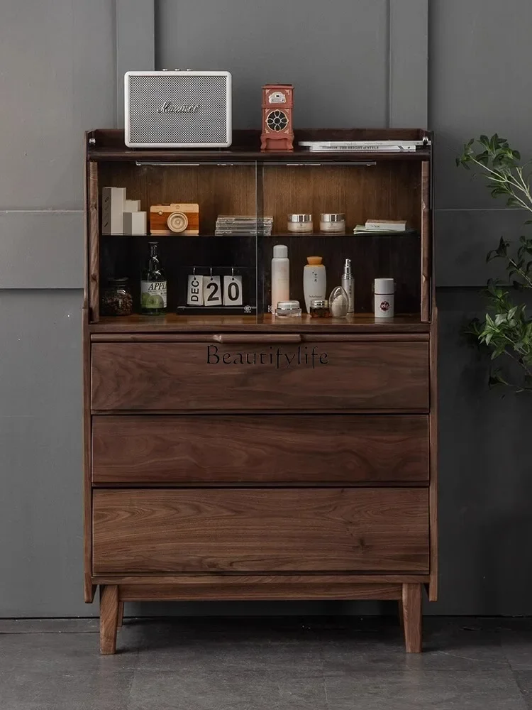 

LD33Nordic black walnut solid wood chest side dresser glass tea cabinet