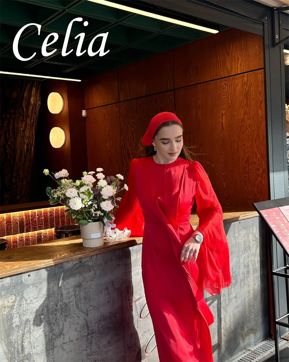 Customized Simple Red Jersey Prom Dress High Quality O-Neck Long Sleeves Evening Dress Exquisite Luxury Homecoming Dresses