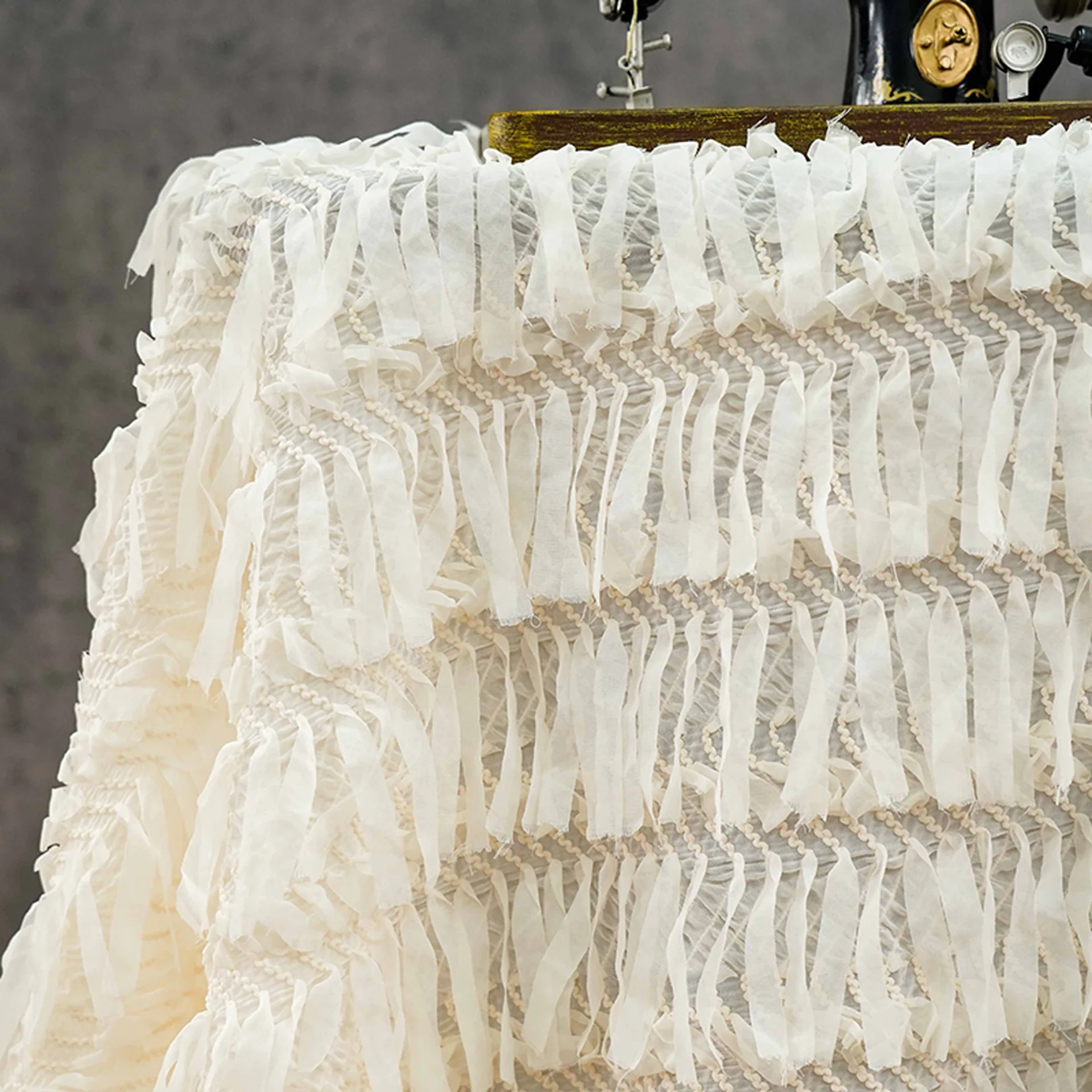 Elegant 3D long tassel elastic embroidered chiffon fabric, decorative fabric for dresses and fashion accessories