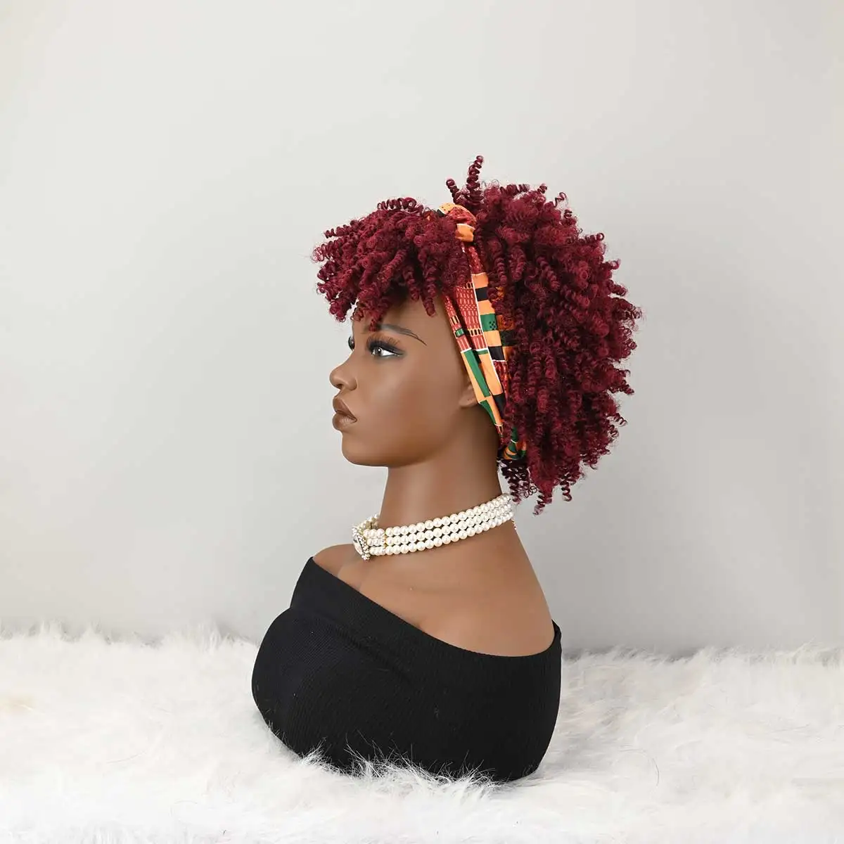 Headband Wig Curly Headband Wig With Bangs For Women Synthetic Afro Curly Hair Wig With Headband Attached Short Kinky Curly Afro High Puff With Bangs Stripes Wig