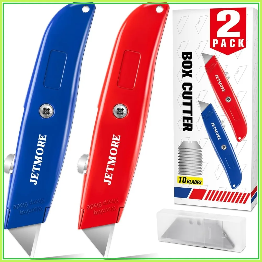 

2 Pack Heavy Duty Box Cutter with 10 Extra Blades, All Metal Utility Knife for Cardboard, Boxes, Cartons, Drywall