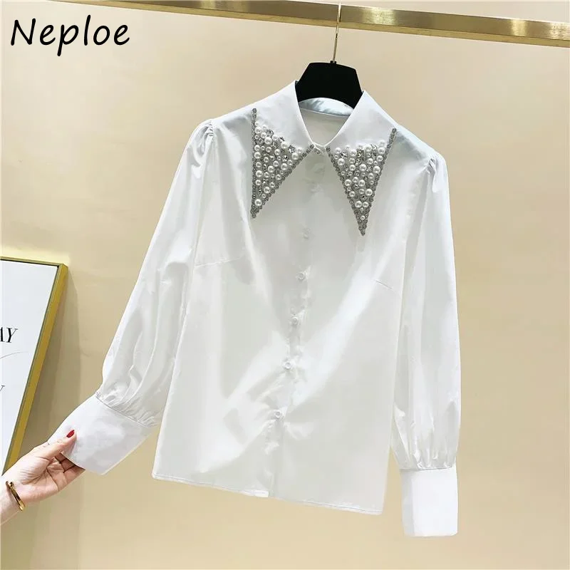 Neploe Vintage Blusas Mujer De Moda Turn Down Collar Beading Diamonds Blouses Solid Color Long Sleeve Single-breasted Shirts