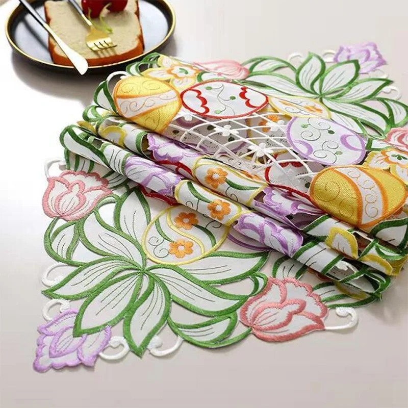 2023 New Elegant Hollow Easter Egg Art Embroidery Bed Table Runner Flag Cloth Cover Lace Tablecloth Mat Kitchen Party Decor