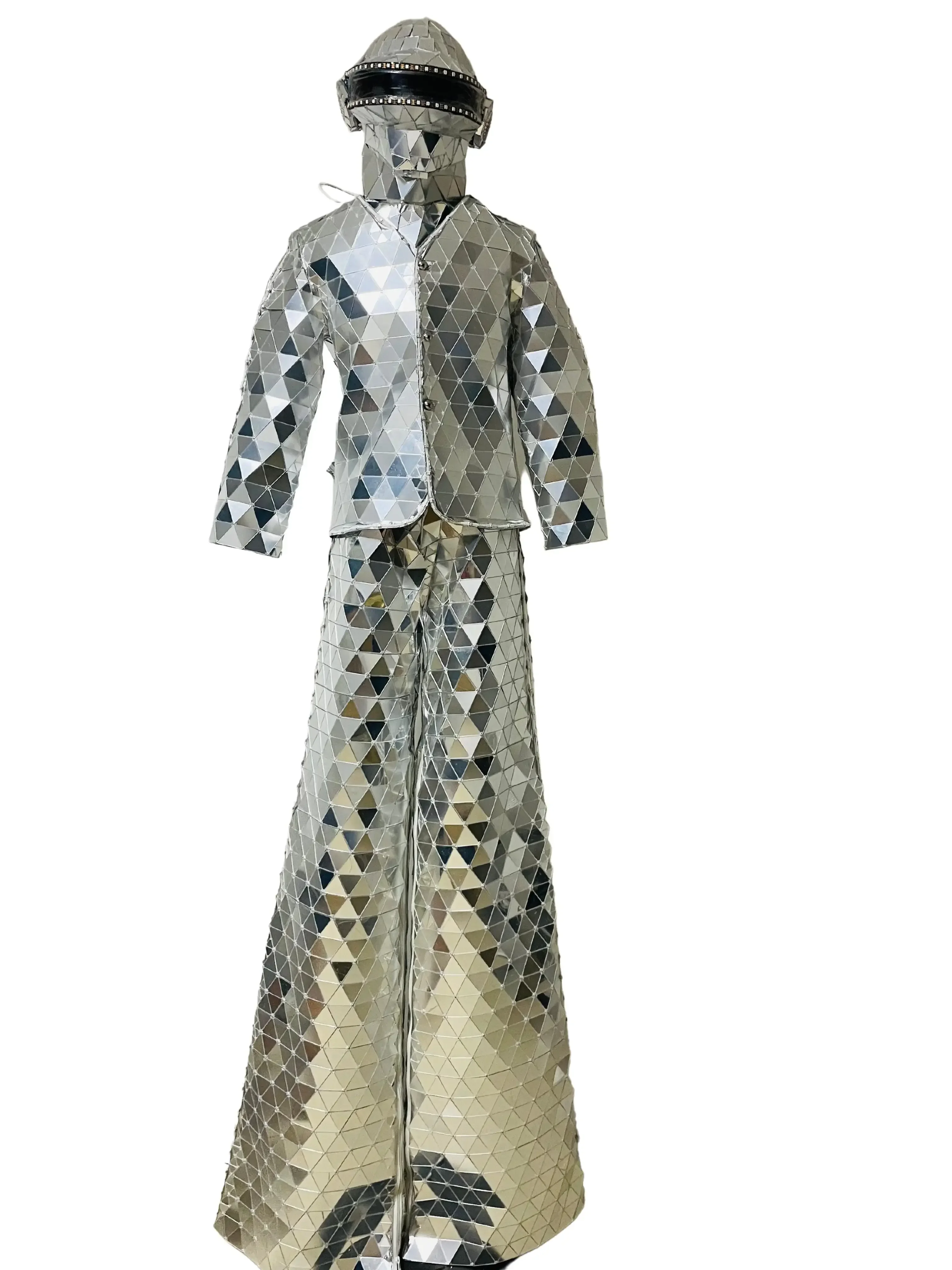 Bühnenaufführung LED Stelzen Walker Spiegel Kostüme Silber Mann Show Anzug Tanzkleidung für Party Nachtclub