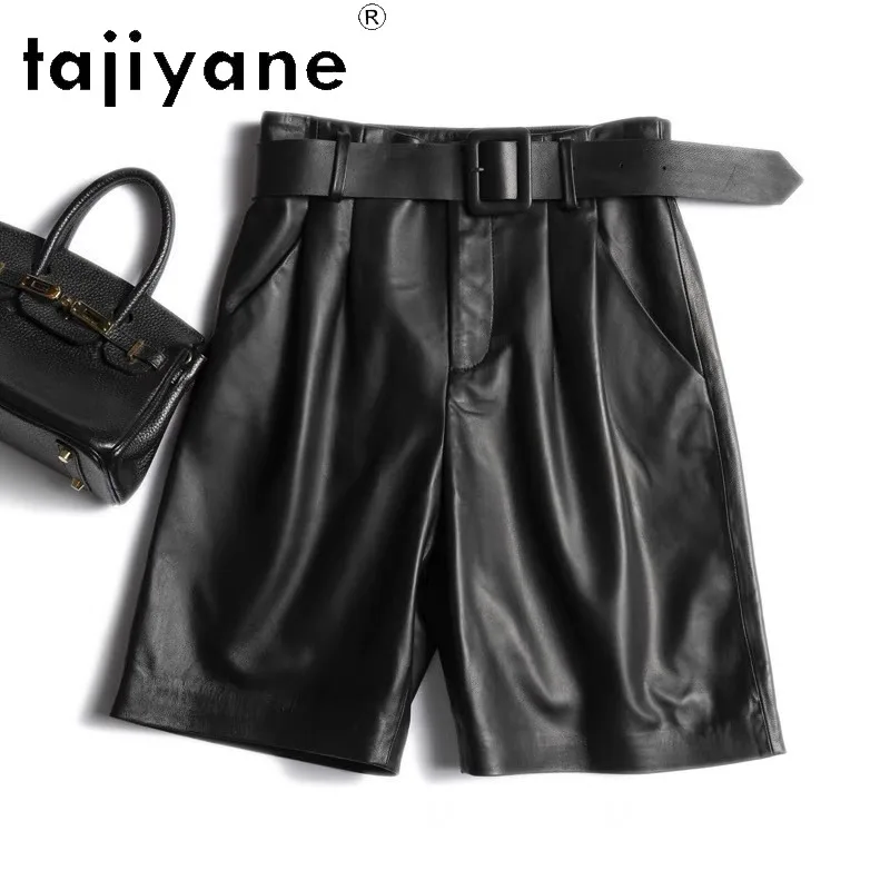 TAJIYANE Spring Geunine Women's Leather Shorts Thin Sheepskin Pants with Belt Wide Leg Bermuda Shorts for Woman Suit Shorts New