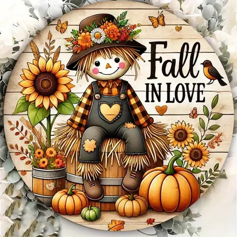 Rustic Fall Harvest Round wooden board Sign, 2D Pumpkin & Scarecrow Themed Decor, Wall, Home, Room, Garage, Garden, Cafe Decor