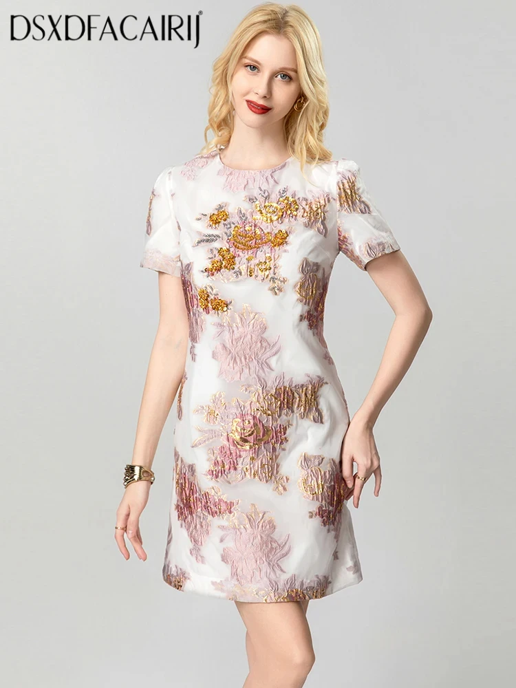 

DSXDFACAIRIJ Women's Slim-Fit Short-Sleeved Dress Jacquard Beading Hip Wrap Design High Quality Spring Summer 2025 New