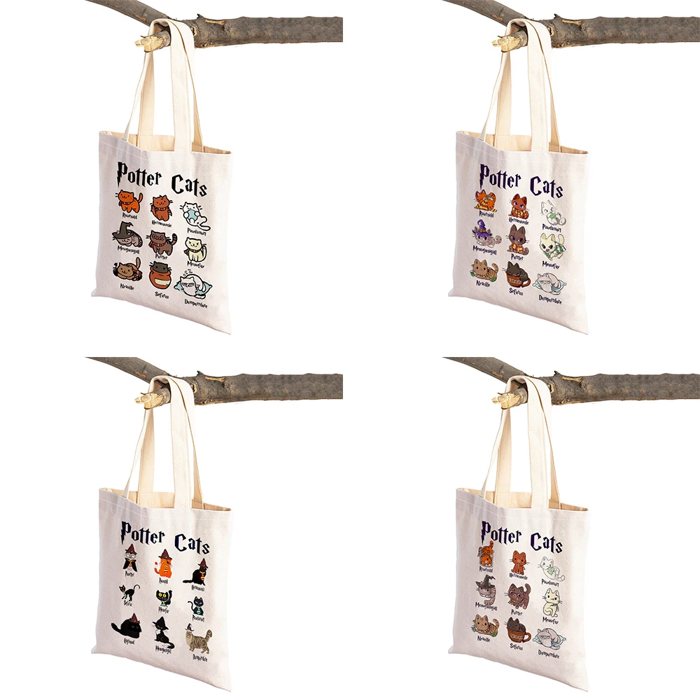 Children Gift Potter Cats Women Shopping Bags Double Print Casual Cartoon Pet Animal Lady Canvas Handbag Tote Shopper Bag