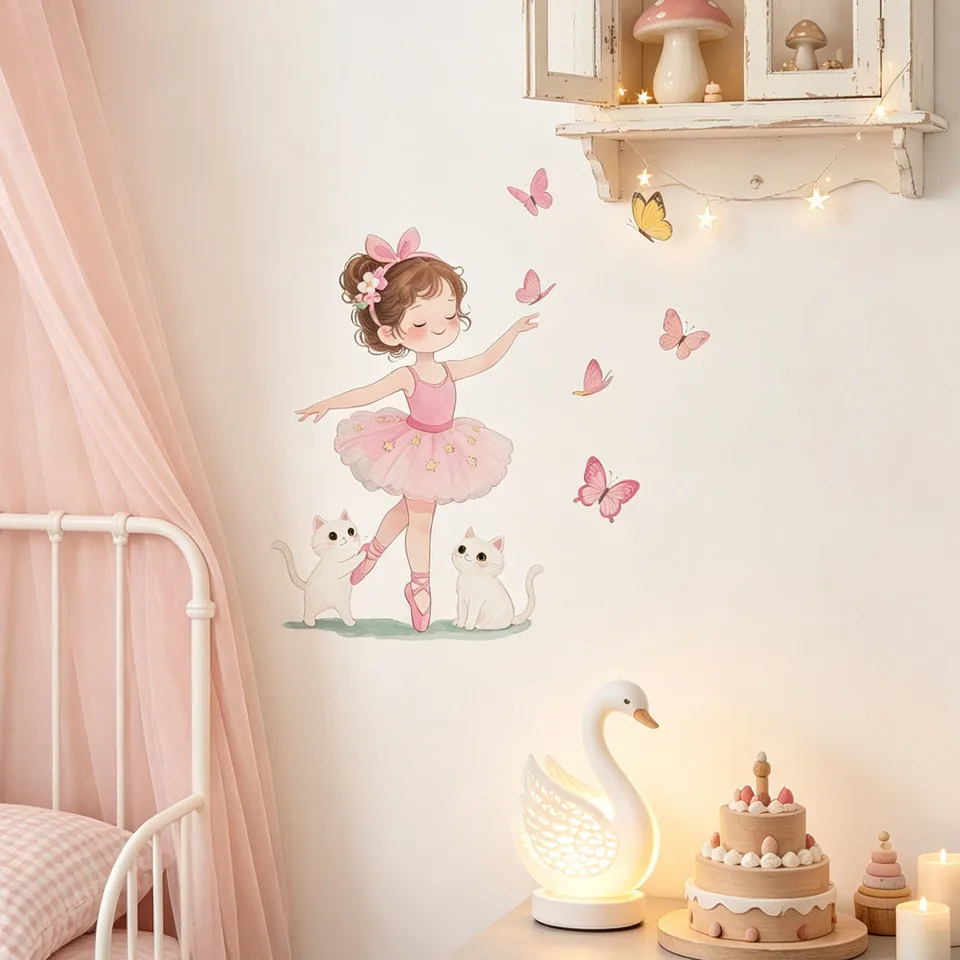 Sweet Cartoon Ballerina Wall Decals Little Girl Pink Tutu Bow Flower White Kittens Butterflies Peel and Stick Girls Bedroom Wall