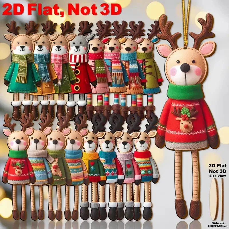 16 pçs 2d colorido rena de natal ornamento de madeira 2025 natal dos desenhos animados pendurado ornamentos para casa 2026 presente de ano novo