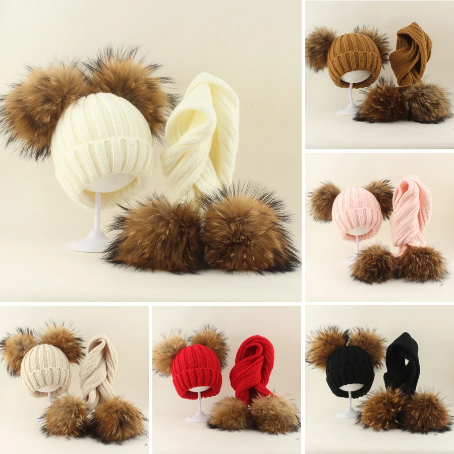 

Baby Winter Hat Scarf Set 4Pcs Genuine Fur Ball Kids Knitted Hats Infant Bonnet Cap Warm Ears Toddler Beanie Hats 1-6Y