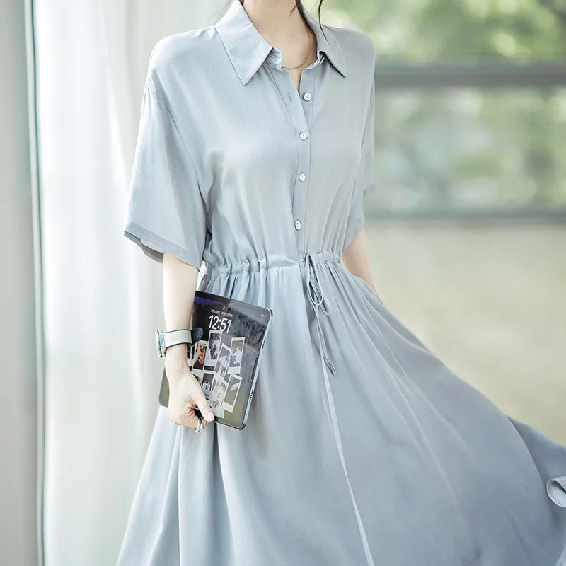 Seidenhemdkleid Hochwertiger kurzärmliger langer Rock Hangzhou Damen Sommer