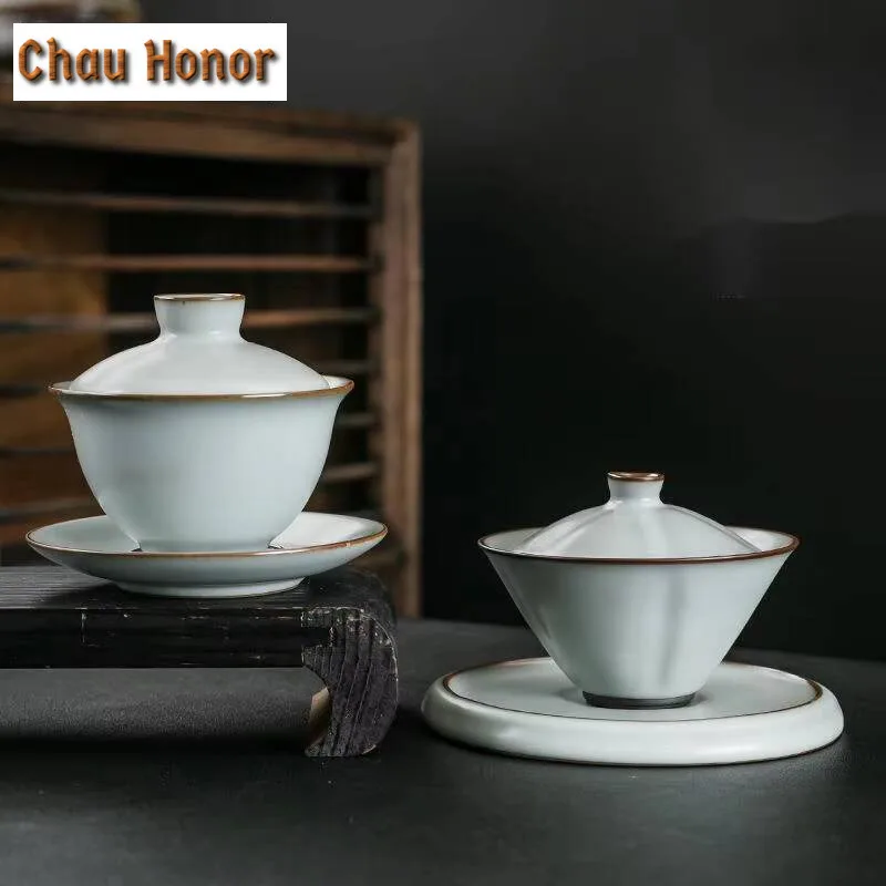 170ml Handmade Ru Kiln Porcelain Gaiwan Ice Cracking Glaze Tea Tureen Chinese Tea Making Cover Bowl Chinese Tea Set Ornaments