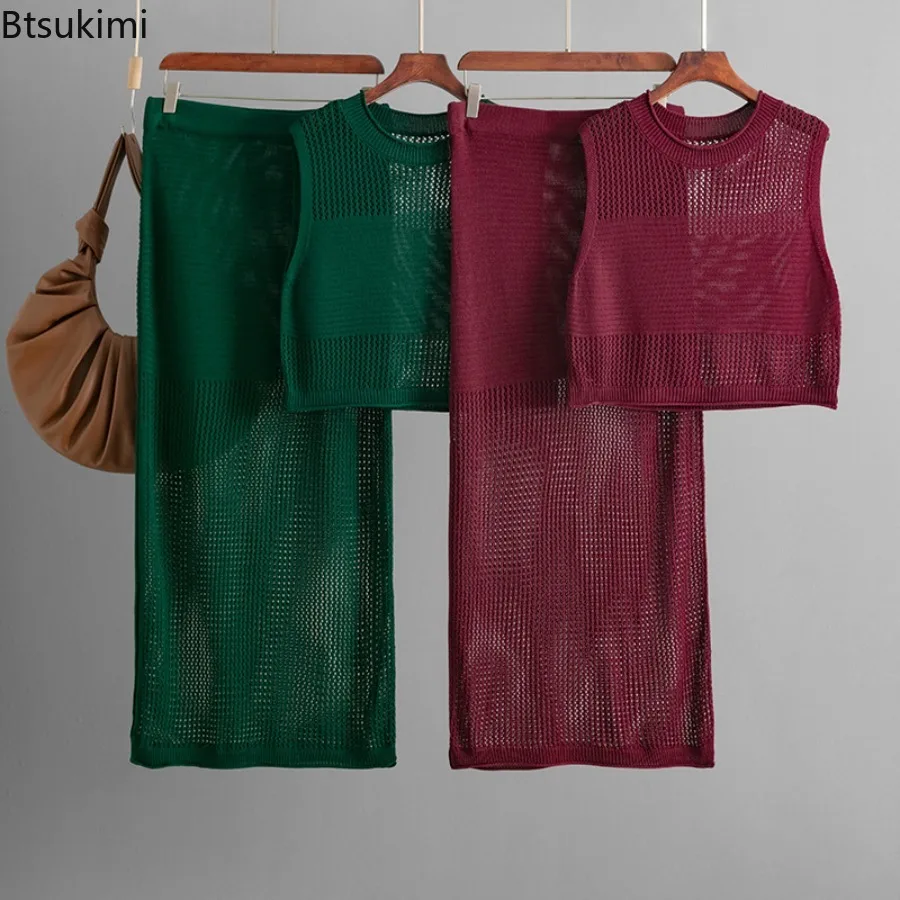 

Hollow Out Slim Fit Beach Skirts Outfits for Women Summer Sleeveless Knit Tank Tops Solid Elegant Slit Sexy Long Skirts Sets
