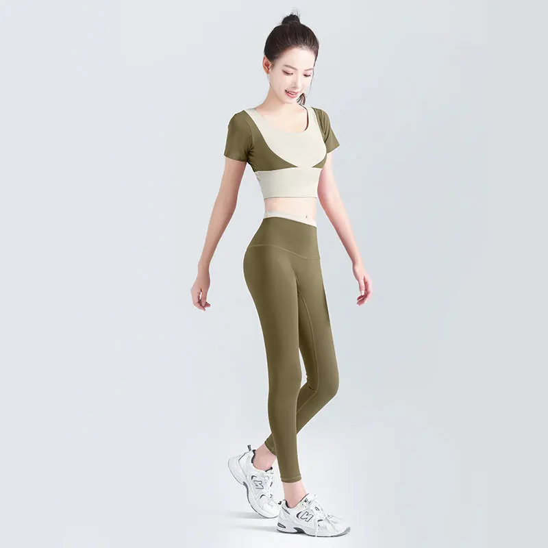 Peach hip splicing set running sports tight fitness set high waist hip lifting seamless yoga dress women