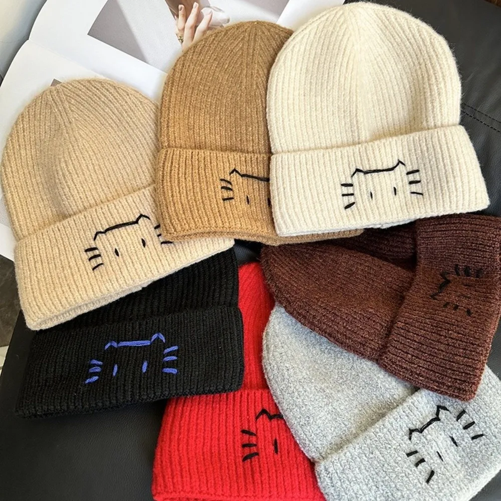 

Cartoon Coldproof Kitten Embroidered Pullover Knitted Hat Cat Thick Crochet Cap Warm Beanie Hat Outdoor Sports