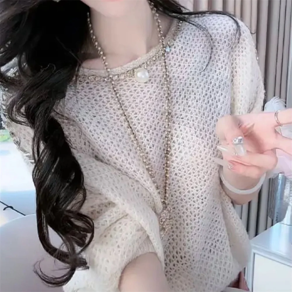 

Korean Style Hollow Out Spliced Sweater Women's O-neck Long Sleeve Loose Pullover 2025 Autumn Sweet Sweater Age Reducing