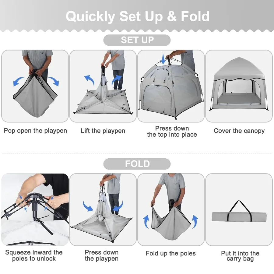روضة أطفال محمولة مع مظلة لعب للأطفال الرضع وخيمة شاطئ ناموسية للاستخدام الداخلي والخارجي باللون الرمادي #4
