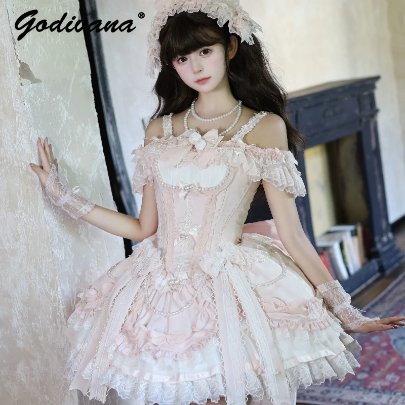 

Ballet Style Cute Bow Lace Flower Lolita Dresses Girl Women's Sweet High Waist Short Birthday Party Princess Jsk Dresses