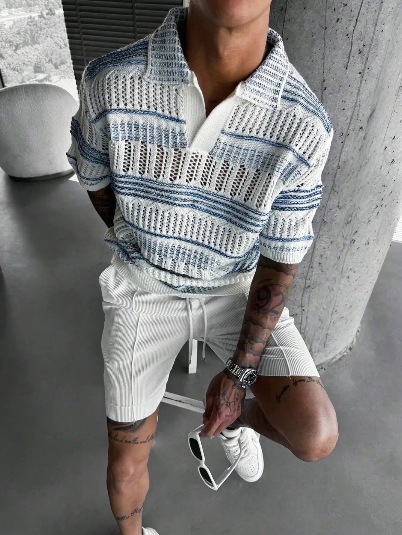 

Men's Breathable Striped Knit Short Sleeve Polo with Hollow-Out Design for Casual Summer Wear