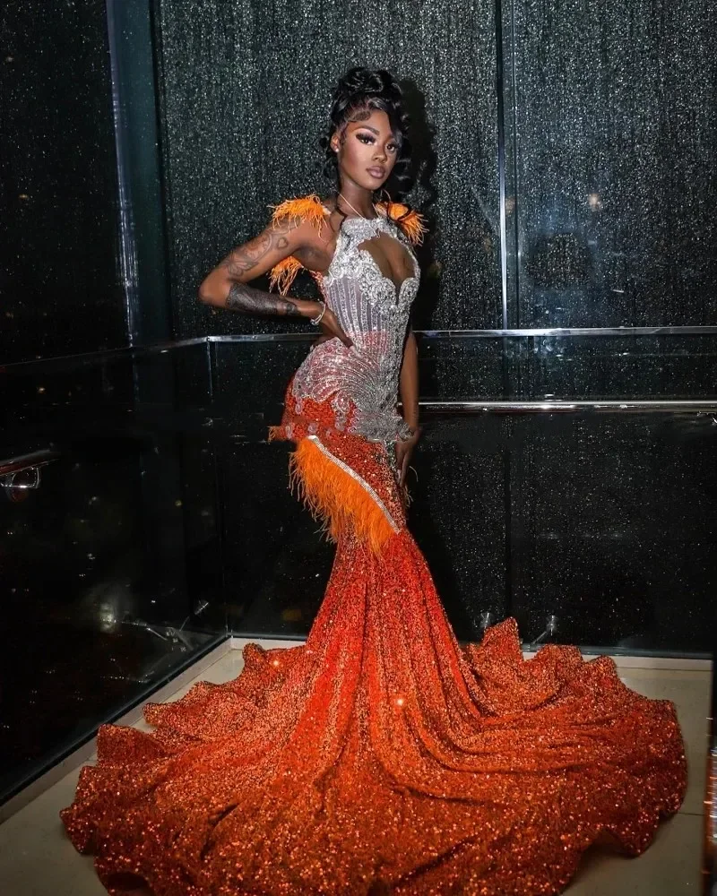 Orange Sparkly African American Long Prom Dresses For Black Girls Sequins Feather Crystals Women Party Evening Gown Customized