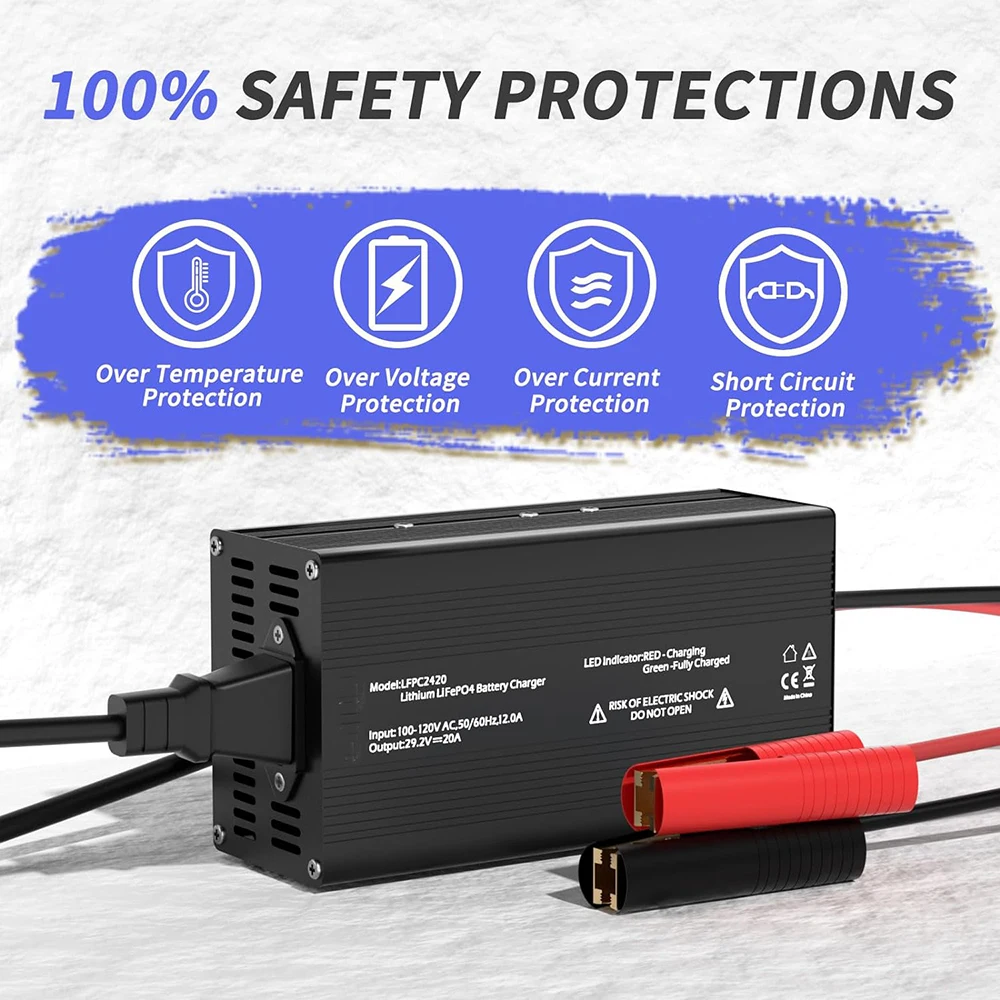 Lifepo4 리튬 충전기, 냉각 선풍기, 다중 보호 기능, 24V, 29.2V, 50A, 200V, 240V, 24V, 8S, Lifepo4 배터리