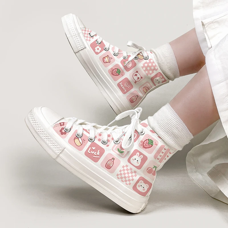 Amy and Michael Sweet Kawaii Shoes Lovely Girls Students Hand Painted Canvas Sneakers Women High Top Casual Flat Espadrilles