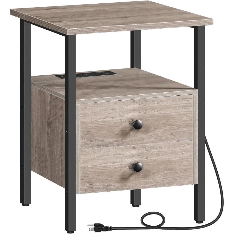 

End Table with Charging Station Nightstand with 2 Drawer and USB Ports and Power Outlets Bedside Table for Small Spaces Stable