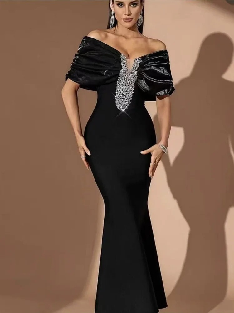 

Women Sexy Off Shoulder Beading Black Maxi Long Bodycon Bandage Dress 2025 Elegant Evening Club Party Dress