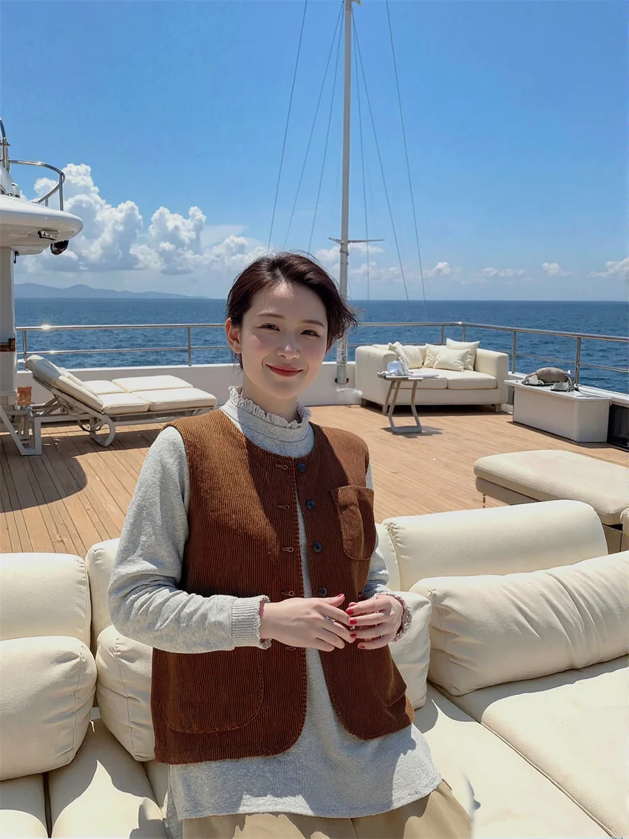 

Women'S Vests Oversized Woman Brown Loose Fit Autumn Thick Knit Pockets Sleeveless Elegant Preppy Formal Office Work Business