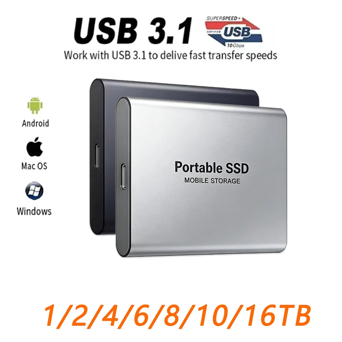 

1-16TB Large Capacity External Hard Drive Quiet Operation Mobile Storage SSD USB3.1 Type-C High Speed Solid Stae Disk For PC MAC