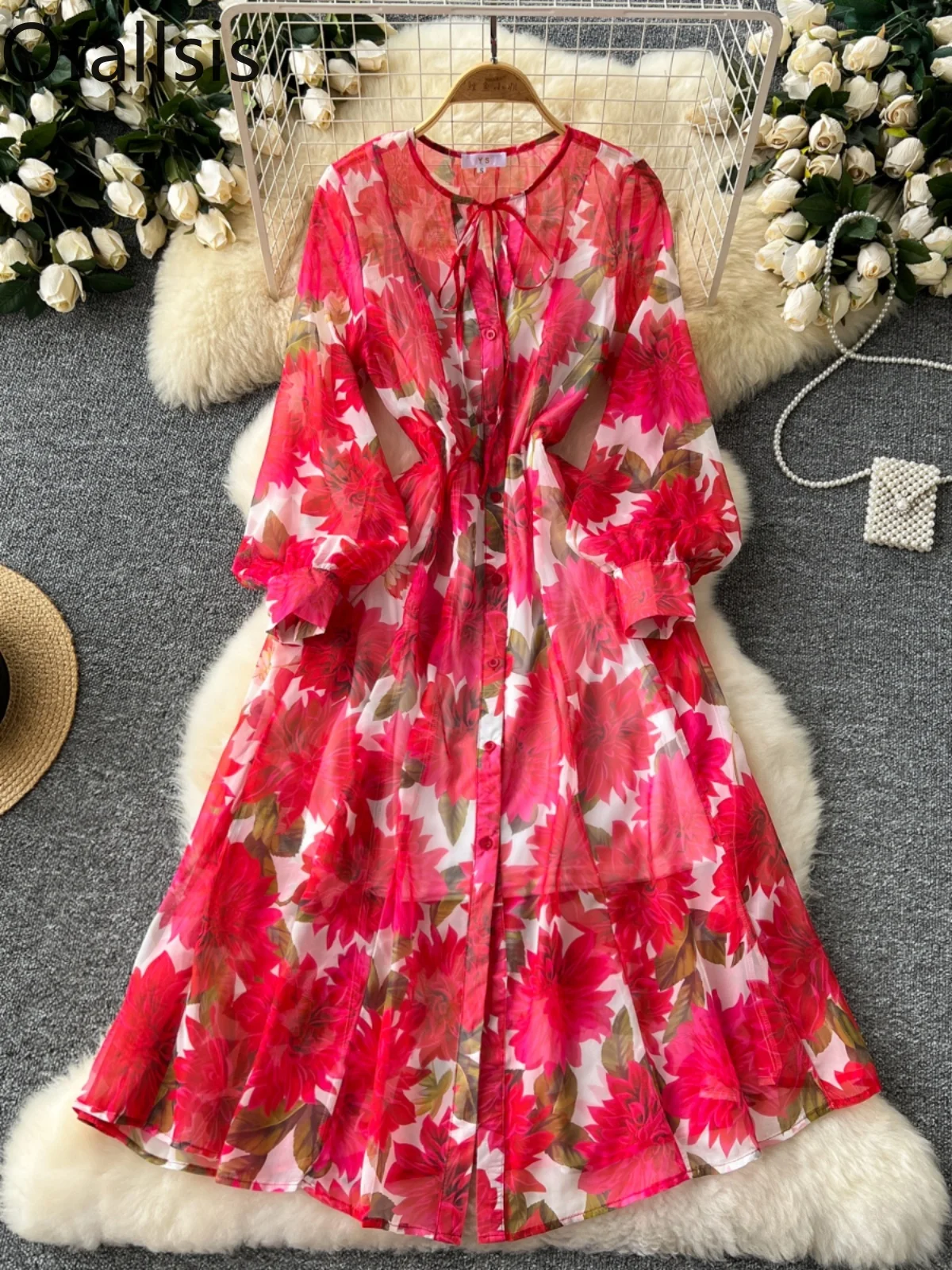 Ofallsis Tie Up O neck Lantern Long Sleeved Dress 2024 Summer Gentle Style Retro Slimming Temperament Thin Mesh Printed Dresses