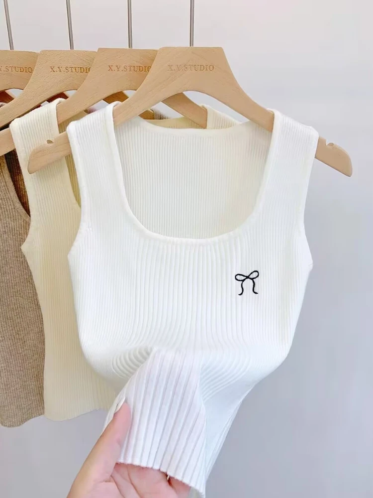 Summer Women's Casual Knitted Top Butterfly Knot Embroidered Tank Tops Square Neck Sleeveless Crop Tops Simple Base Layer Camis