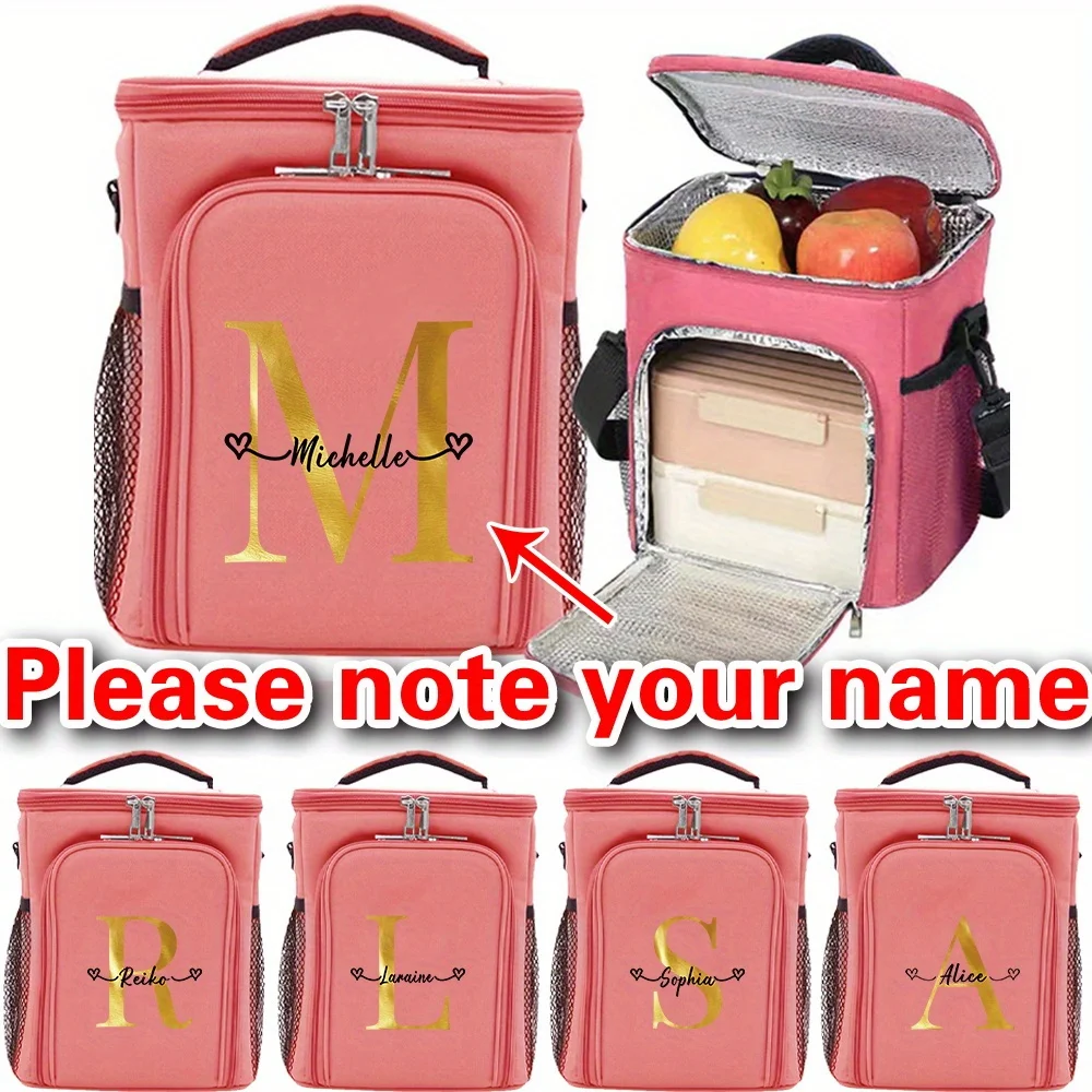 Customizable Name Double-layer Lunch Bag Insulated Bento Bag Portable Large Capacity Double-layer Bento Bag Gold Letter Series