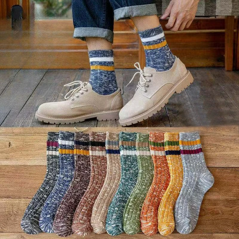 10PCS Men Retro Speckled Crew Socks, Color Block Stripe Mid‑Calf Socks, Stylish Casual Socks for Outdoor & Daily Matching