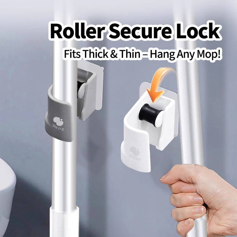 Adhesive Mop Holder: Wall-Mounted Broom Stand, Storage Hooks for Bathroom & Kitchen Cleaning Tools