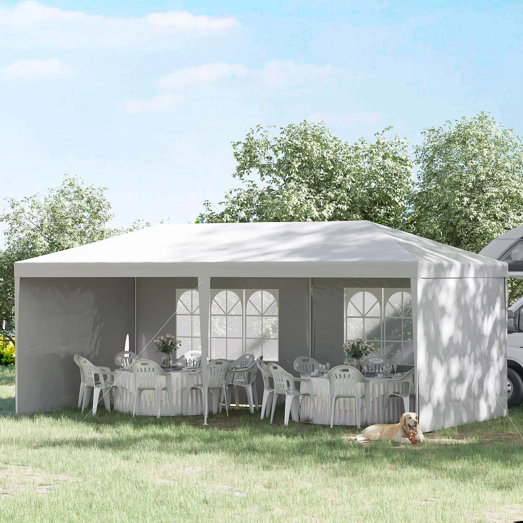 Gazebo de Jardín Outsunny de 6x3m con Paredes Extraíbles, 2 Ventanas, Estructura de Acero, Blanco