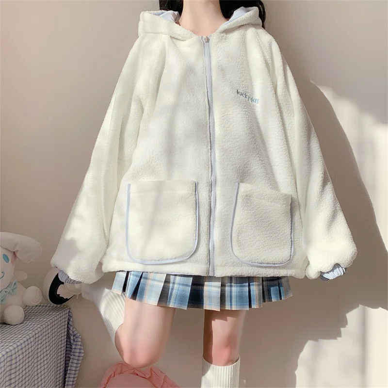 Japanese Sweet Loli Girl Coat Kawaii Hooded Bear Ear Cute Double-sided Zipper Full Sleeve Lambswool Keep Warm Thicken Outerweat