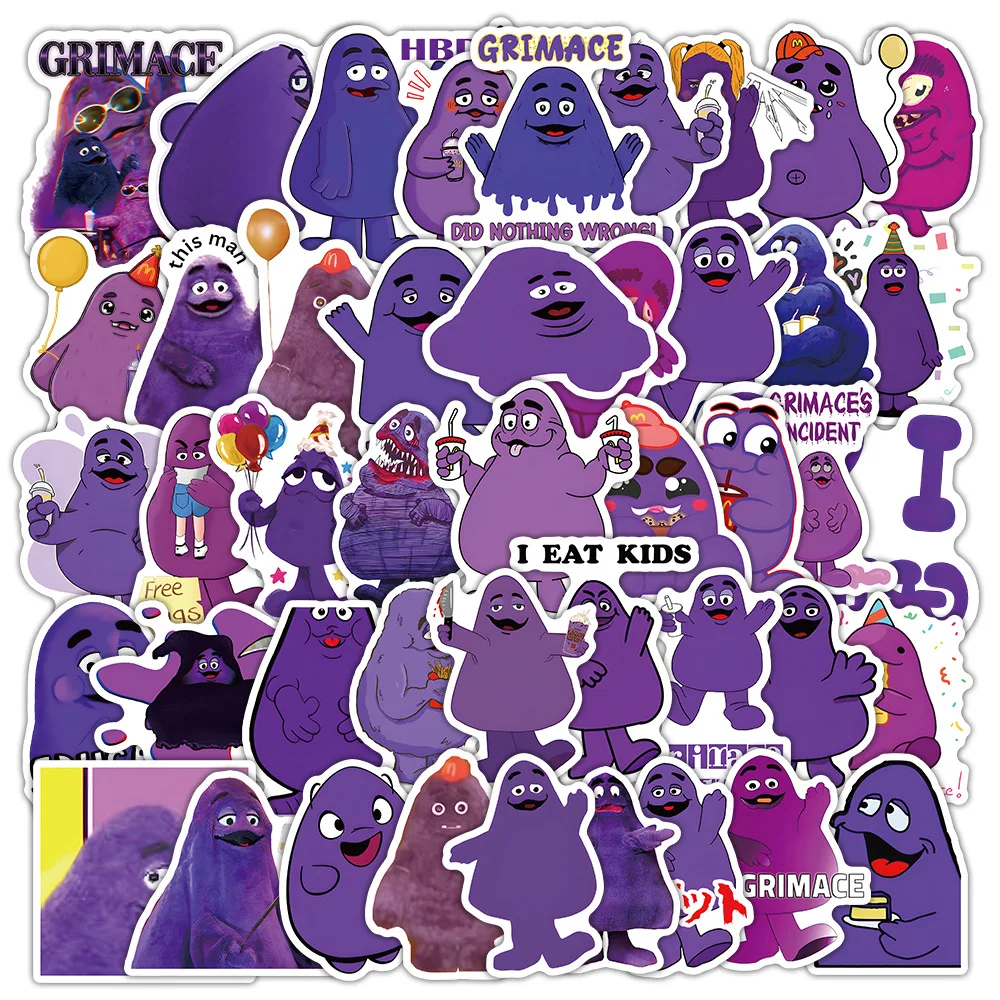 10/50Pcs Cartoon Purple Grimace Stickers DIY Humorous Fun Ghost Face Expression Pack Skateboard Notebook Art Graffiti Kid Decals